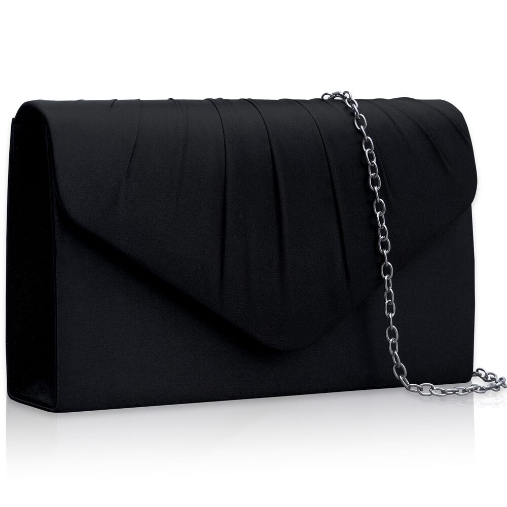 3214 Elegant Black Satin Evening Clutch Purse , Pleated Envelope Party Bags